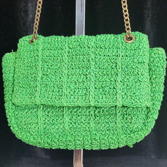 PARFOIS Green Jute Crocheted Crossbody Purse W/Antique Brass Chain Strap - Picture 2 of 13